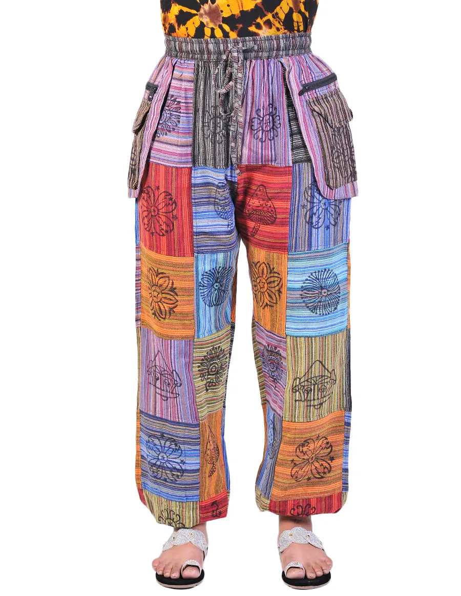 Caravan Closet Women's Square Patched Hand-Printed Casual Comfy Joggers - Ethically Made, Bohemian Trend, Loose-Fitting, Artistic Flair Pants, Casual Comfy Jogger