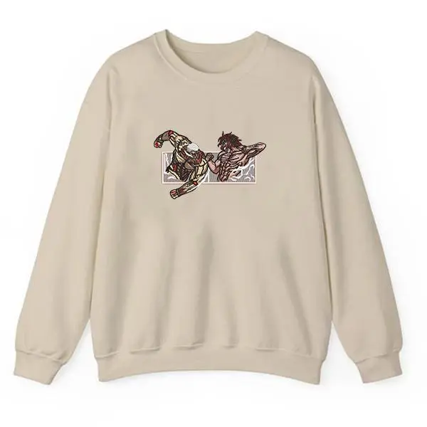 Anime Embroidered Sweatshirt, Eren Yeager Titan Pullover / Anime Attack on Titan Sweaters / Anime Embroidery Menswear / Anime embroidery / Reiner vs Eren sweatshirt Cotton Hoodie