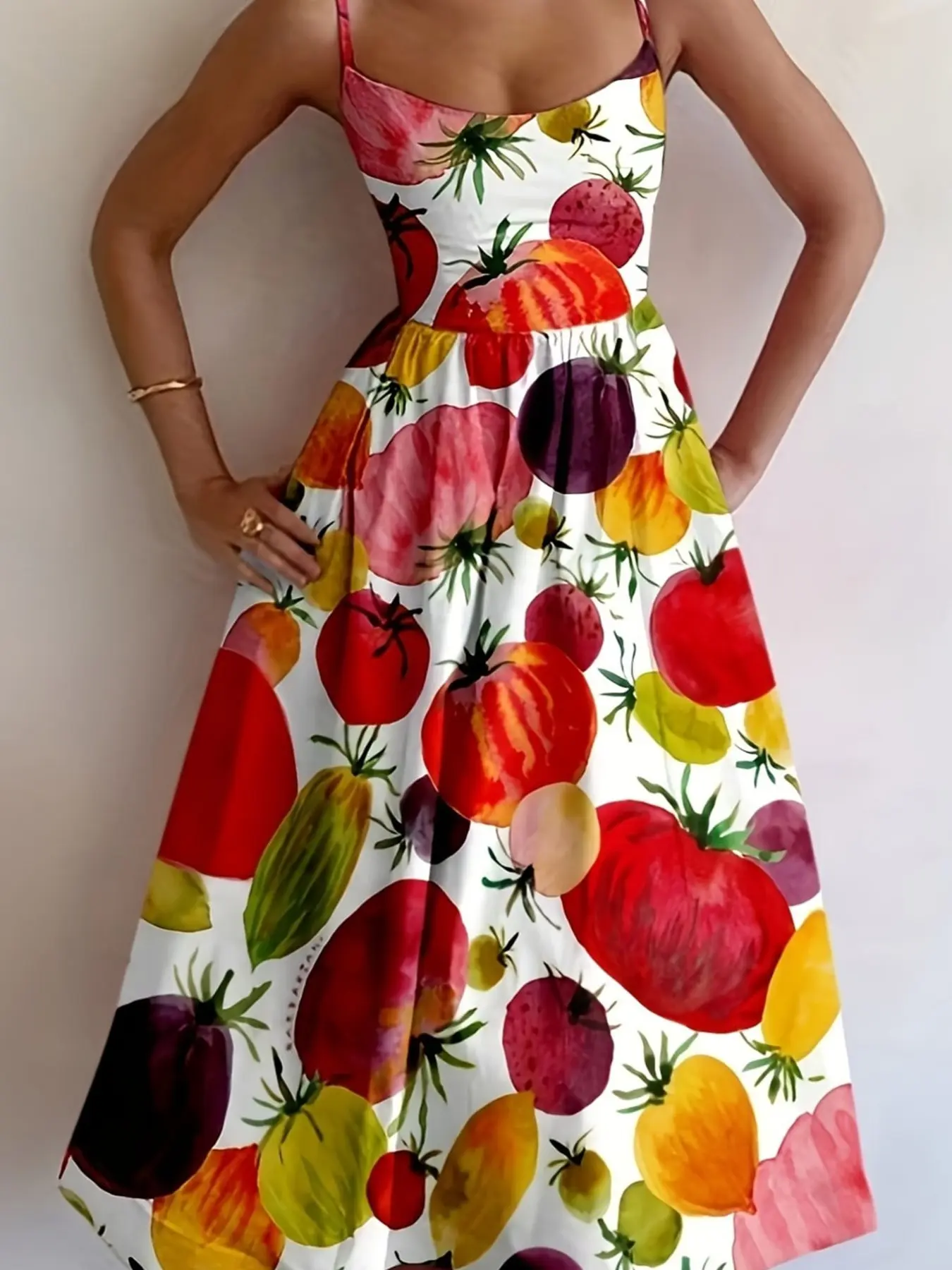 Stretch Midi Sundress with Big Watercolor Tomatoes, Lightweight Cute Cottagecore Summer Beach Casual, Loose-Fitting Flowy All over Print Dress, Fits Tts