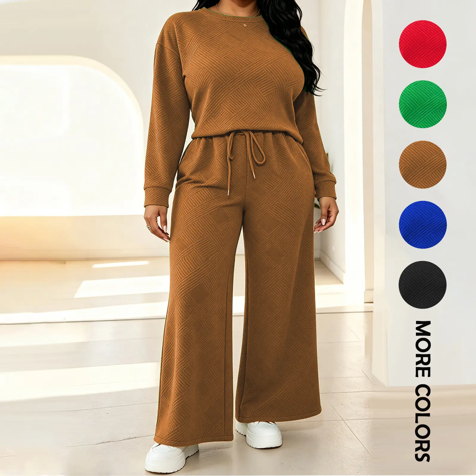 Women's 3D Diamond-Embossed Jacquard 2-Piece Tracksuit, Polyester Clothes with Crew Neck Loose Long-Sleeve Drawstring Sweatshirt & High-Waisted Wide-Leg Pants, Curvy Plus Size Loungewear for Everyday Wear & Everyday Shopping, Check Size Chart