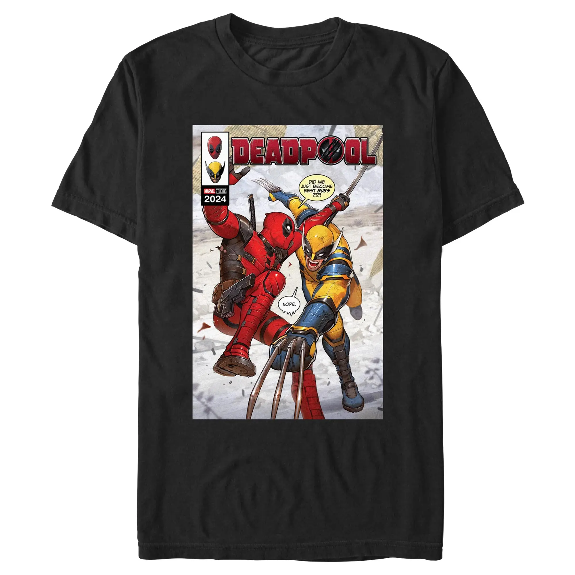 Men's Marvel Deadpool & Wolverine "Did We Just Become Best Bubs" Poster Streetwear Apparel, Short-Sleeve Round Neck Menswear T-Shirt