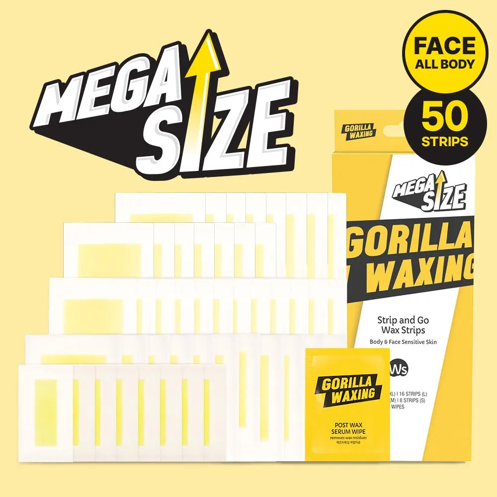 [GORILLA WAXING] Strip & Go Waxing Strip Mega Size, 50 Strips (XL/L/M/S), Fast Body & Face Hair Removal, for Sensitive Skin, Unisex