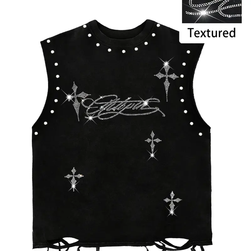 Men's Sleeveless Short Tank Top, Loose Fit, Raw Hem, Rivet Wide Shoulder Design, Letter Cross Embroidery, Casual Streetwear, Graphic, Menswear, Casual Tank Tops