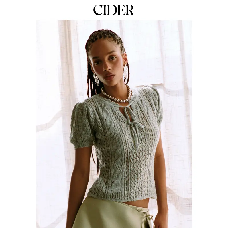 Cider Knit Pointelle Tie Front Bowknot Puff Short Sleeve Top, Basic, Shortsleeve, Casual, Lacy, Shirts
