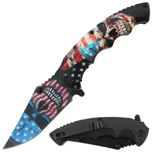 Biker Flag Skull Spring Assist Folding Knife Pocket Clip