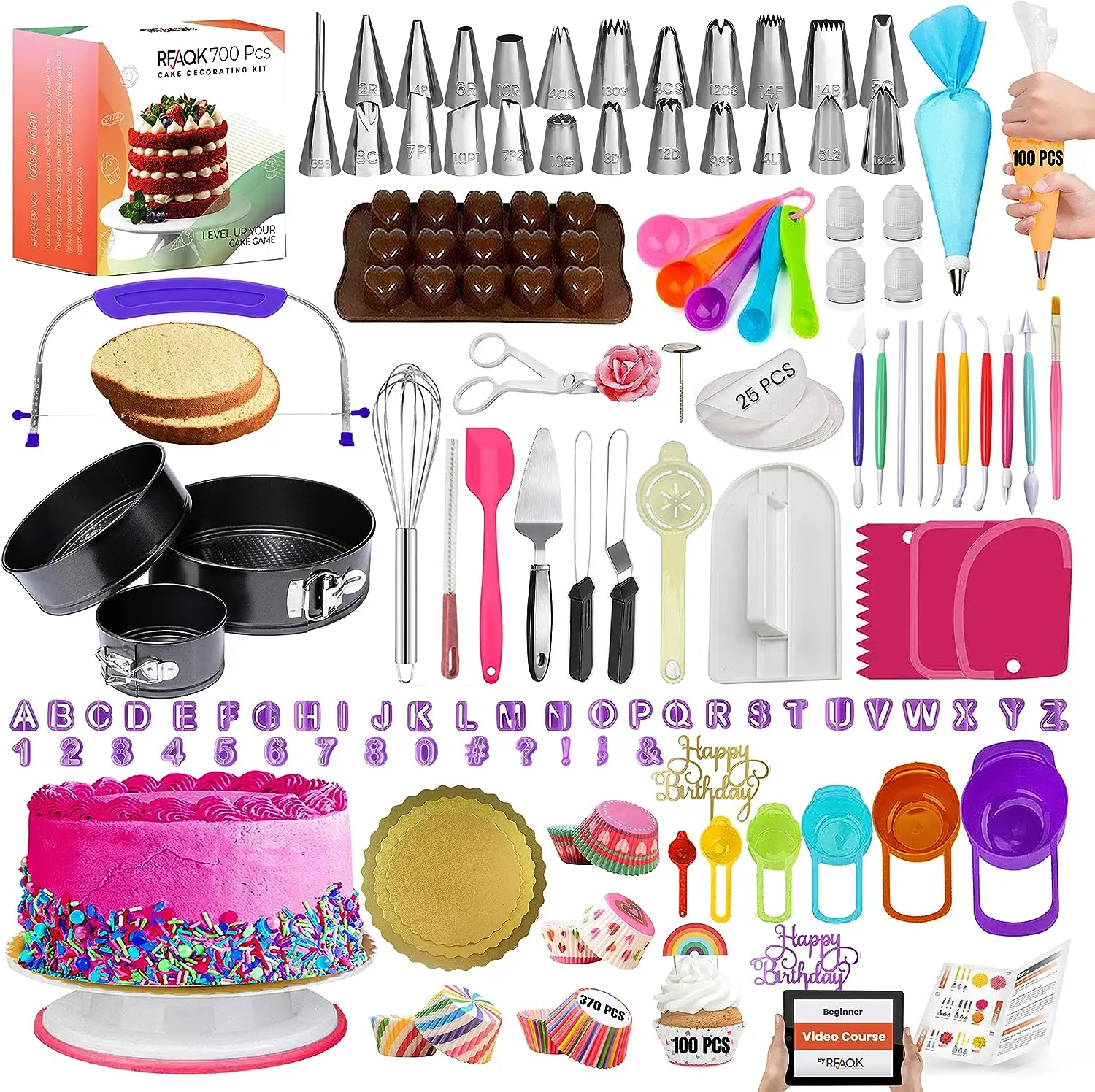 700PC Cake Decorating Kit with Springform Pans, Turntable, Piping Tips, icing Spatulas, Cake Leveler, Fondant Tools, Shaped for Baking Needs