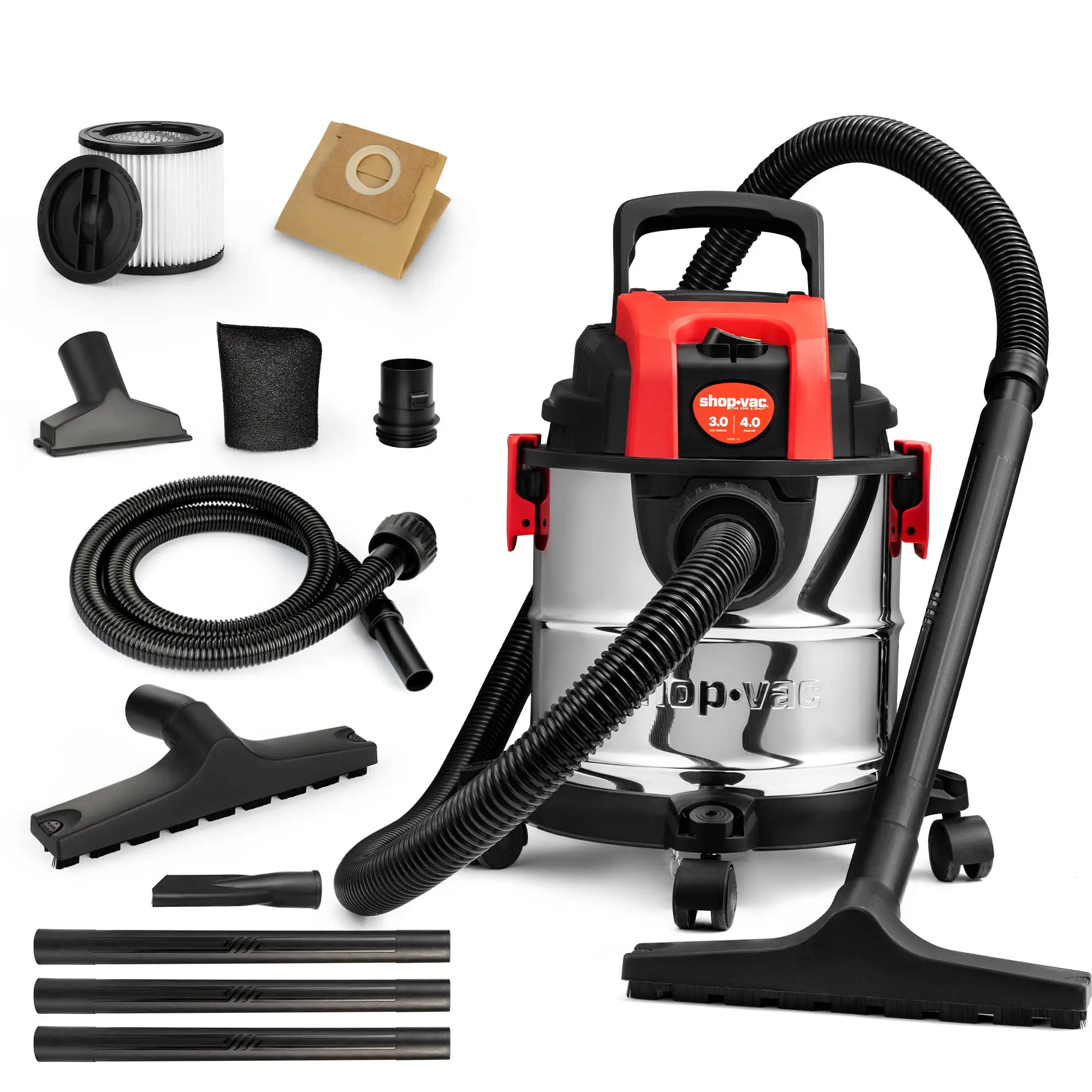 #summersale Shop-Vac 3 Gallon 4.0 HP Wet/Dry Vacuum with Blower Function, Stainless Steel Tank, Portable Shop Vacuum with Wheels, Includes Filters, Hose & Accessories, Ideal for Garage and Workshop