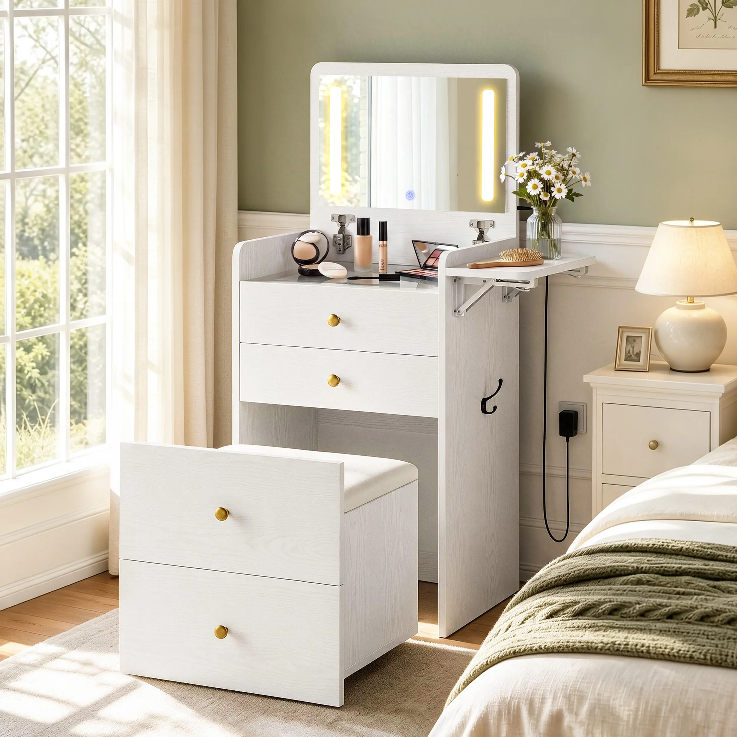 【Small Spaces】LIKIMIO Compact 3-in-1 Vanity Desk with LED Mirror & Stool, White Makeup Table with 3 Drawers & Folding Desktop, Anti-Tip Wall Anchor & Smooth Glides, Space-Saving Storage for Bedroom, Closet, Hallway, Ideal for Teens Girls