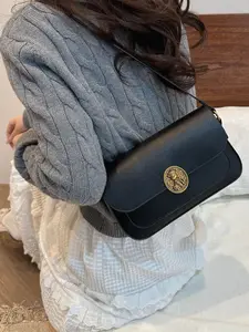 DOVA Vintage Smooth Leather Baguette Shoulder Bag for Women  Golden Bear Embossed Lock Clasp & Chain-Leather Strap Compact Capacity Crossbody Bag for Work & Daily Dating Use (9.05" L)