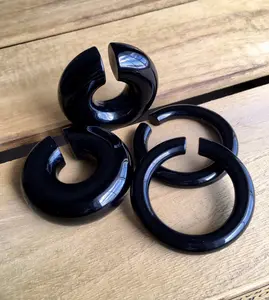 PAIR of Unique Organic Black Onyx Stone Hoops Ear Weight Hanging Plugs - Gauges  4g (5mm) up to 5/8" (16mm)