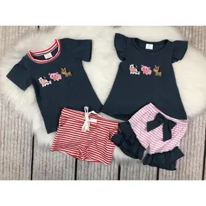 Matching Adorable Farm  Embroidery Short Sleeve Shorts Set Kids Outfits Toddler Clothes