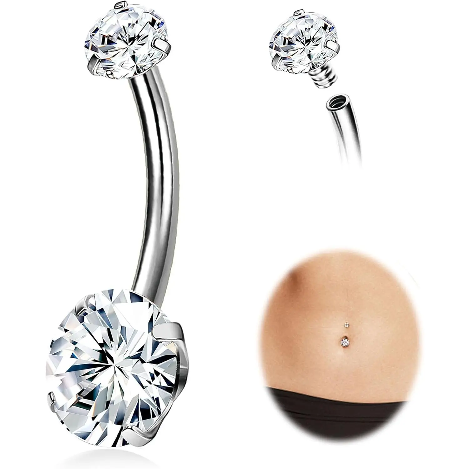 Milacolato Women's 14G G23 Solid Titanium Navel Piercing Jewelry, Internally Threaded 12mm-14mm Solid Bars with Cubic Zirconia, Hypoallergenic Geometric Belly Button Rings, Wearable with New Piercings, Daily Wear