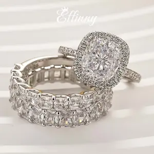 Effinny Jewelry 4.0ct Halo Cushion Cut 3PC Wedding Ring Set, 925 Sterling Silver Promise Ring, 5A Cubic Zirconia Bridal Ring Set for Women