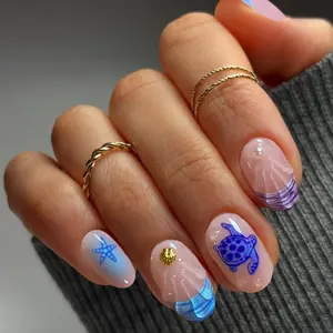 24pcs Short Oval Star Turtle French Press-On Nails, Includes Jelly Glue and Nail File, Easy Wear, Perfect for Parties, Dancing, Daily Use, Nail Kit Set