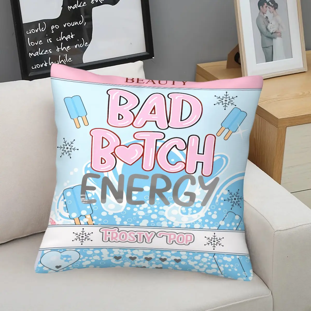 BAD Bitch Energy Frosty Treat Throw Pillow,Icy Blue Popsicle & Snowflake Print Cushion,Charming Bold Accent Pillow for Couch,Bed,Dorm and Vanity Nook,Perfect Cool Girl Aesthetic Room Accent & Thoughtful Gift for Trendy Teens