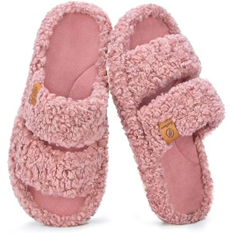 Women's Classic Faux Fur Slippers, Stylish Open-Toe Indoor House Shoes with a Cushioned EVA Bed, Memory Foam Footbed, and Anti-Slip Tread, Footwear, Anti-Slip Tread Women's Home Slippers