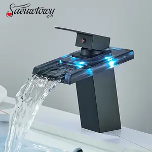 LED Color Changing Basin Faucet Luxury Waterfall Basin Sink Faucets Single Handle Deck Mounted Hot/Cold Water Mixer Taps