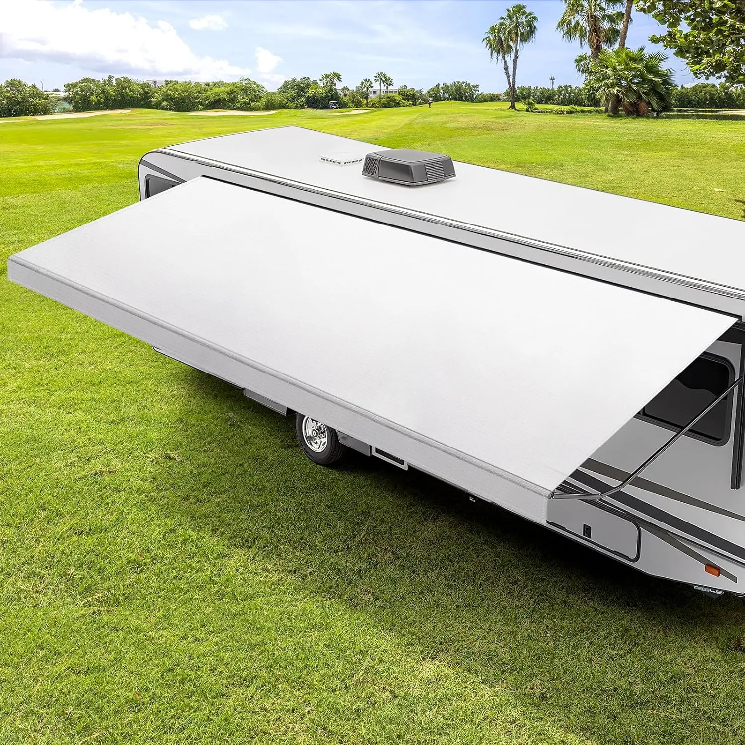 TSUMBAY RV Awning Fabric Replacement - 18.5oz Heavy-Duty Weatherproof UV Block Vinyl, UV Resistant Canopy for Campers & Trailers, 18'(17'2" Fabric) White Rollable Sun Shade Cordless Outdoor Roller, Uv Block Awning