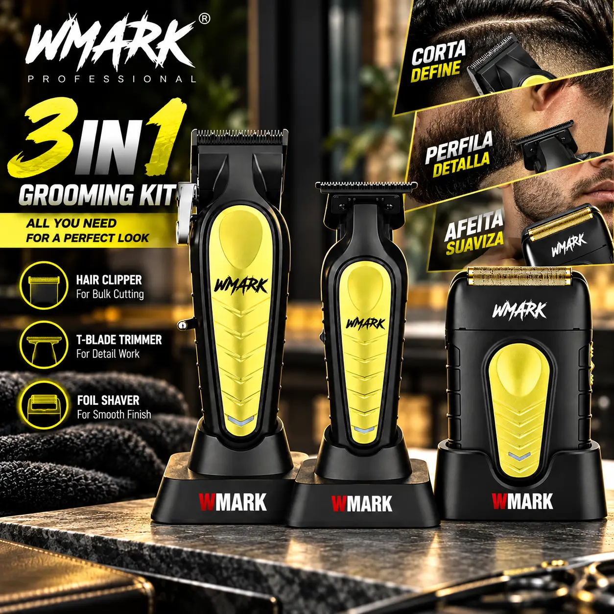 WMARK NG-1638 Kit Home Barber Haircut & Grooming Set for Men, 3-Piece Cordless Hair Cutting Tools with 8500 RPM Fade Clipper, Precision Lineup Trimmer & Double Foil Shaver, DLC Blades, Rechargeable Men's Haircut Kit for Home & Barbershop