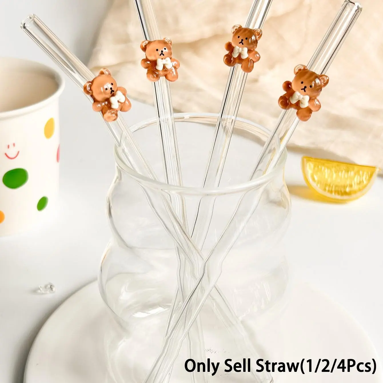 Cute Bear-Shaped Reusable Glass Straw, Bent Straws, Flexible Straws, Clear & Bendable Design, Ideal for Cold Beverages, Perfect Gift for Girls, Durable Drinkware, Home Bar Accessories