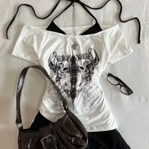 Y2k Slim Fit Print Tops Women Off Shoulder Short Sleeve Tee Shirt Neploe American Vintage Fake Two Piece Halter Lace Up T-shirts