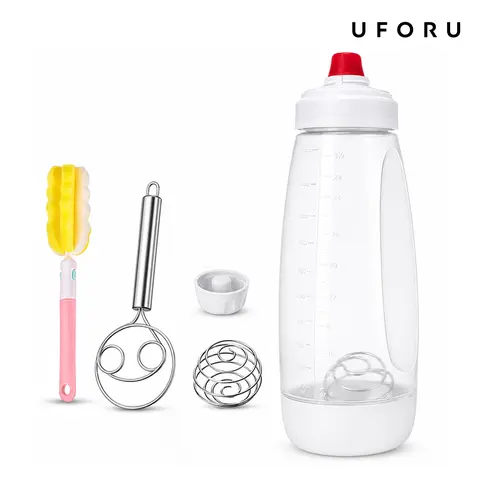 UFORU Handheld Bakeware Batter Dispenser Set - Kitchen Utensils with Mixing Ball, Cleaning Brush, Egg Whisk, Mixing Bottle - Less Spills, Fast Smooth Prep for Crepe Batter, Pancake Pattern Fun Home Use