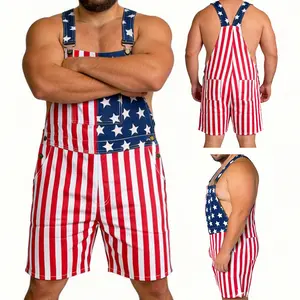 American Flag Bib Short Overalls for Adults, Breathable Stretch Denim Suspender Shorts, Trendy Patriotic Streetwear for 4th of July Festivals, Travel Adventures and Soccer Game Day Events