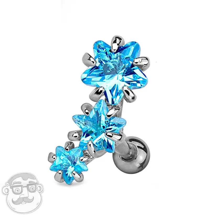 Aqua Triple Star CZ Tragus - Cartilage Barbell