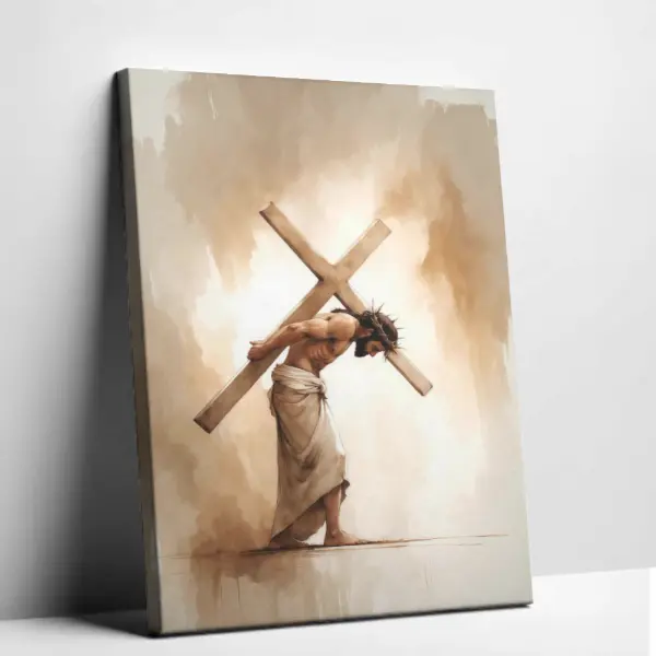 Inspirational Religious Wall Decor Jesus Walking With Cross Picture Display Christian Faith Savior Graphic Artwork for Home Church
