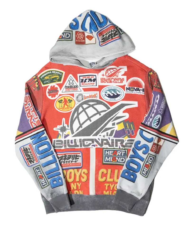 BILLI0NAIRE BOYS CLUB OUTSIDE HOODIE – Vintage Patchwork Y2K Streetwear Pullover Sweatshirt, Colorful Racing Graphic Hooded Top, Retro Urban Fashion for Men & Women, Casual Fall Winter Outfit