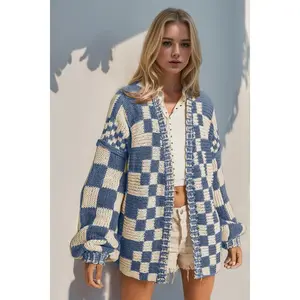 Double Take Full Size Open Front Checkered Drop Shoulder Cardigan