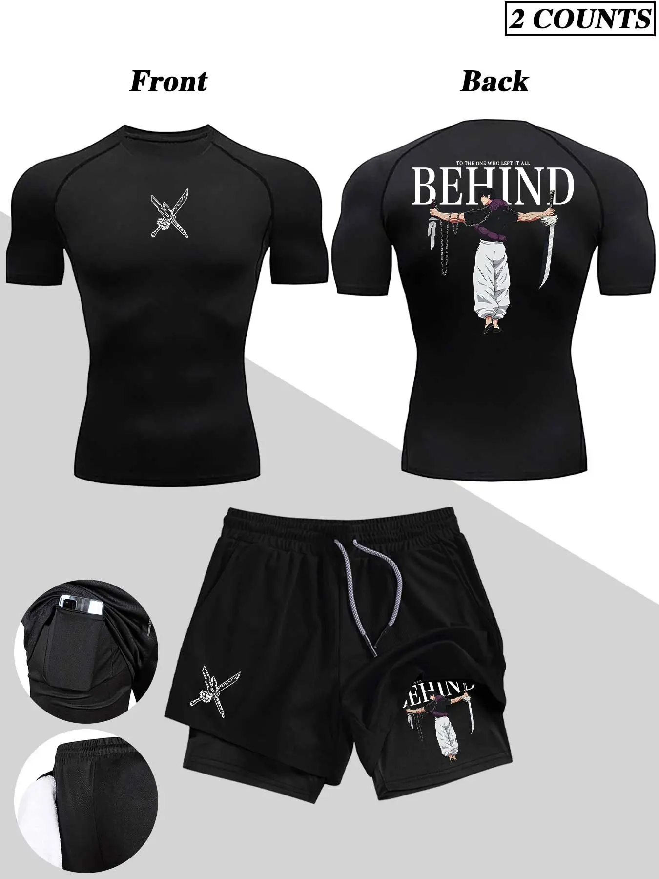 Men's Sporty Two-Piece Set, Athletic Workout Set, Jogging Set, Colorful Print, Tight-Fit Short Sleeve, Multi-Pocket Knee-Length Pants, Ideal for Running, Basketball, Gym, Fitness Outfits, Athletic Clothes Set