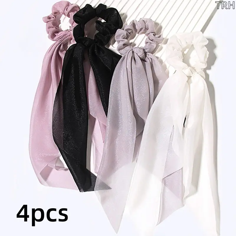 4pcs Sheer Ribbon Scrunchies Set, Chiffon Scarf Hair Ties with Long Tail, Elegant Satin Ponytail Holders for Women, Soft Hair Accessories for Bridal & Daily Use