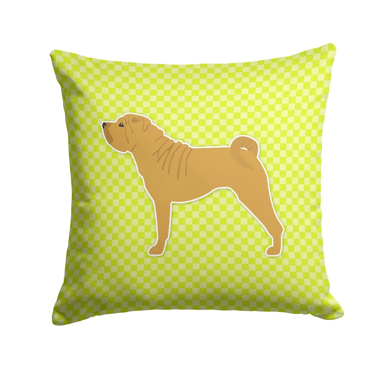 CAROLINE'S TREASURES Handcrafted Geometric Checkerboard Green Shar Pei Decorative Throw Pillow 14x14 - Water Resistant Polyester Fabric Cover with Insert, Indoor-Outdoor Accent Cushion for Sofa, Outdoor Seating, Bed