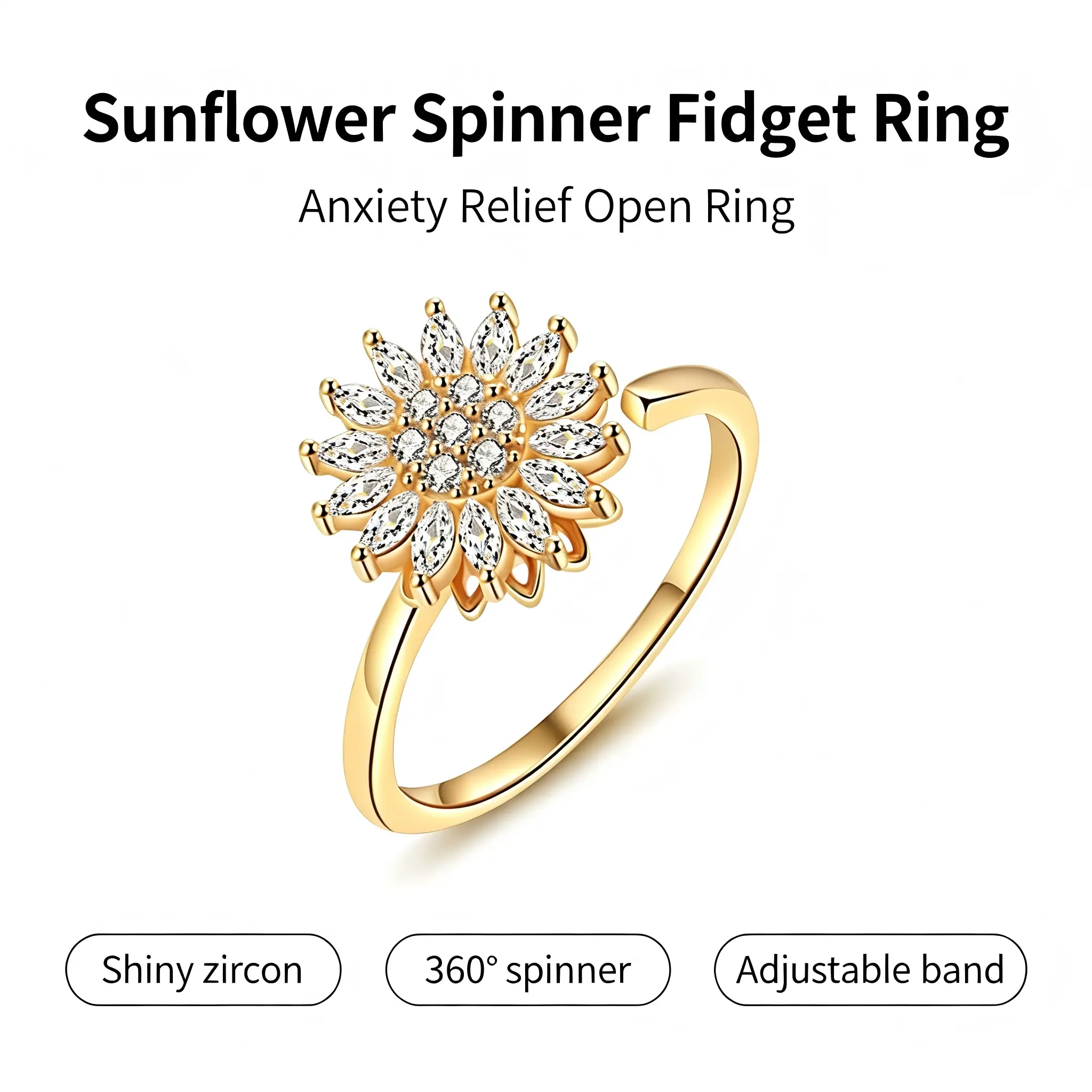 Adjustable Moissanite Spinning Sunflower Fidget Ring with Sparkling Spinning Stone, Anxiety Relief Accessory, Elegant Witchy Trendy Jewellery Accessory, Ideal Gift for Friends & Family, Halloween Floral Costume Ring, Moissanite Ring