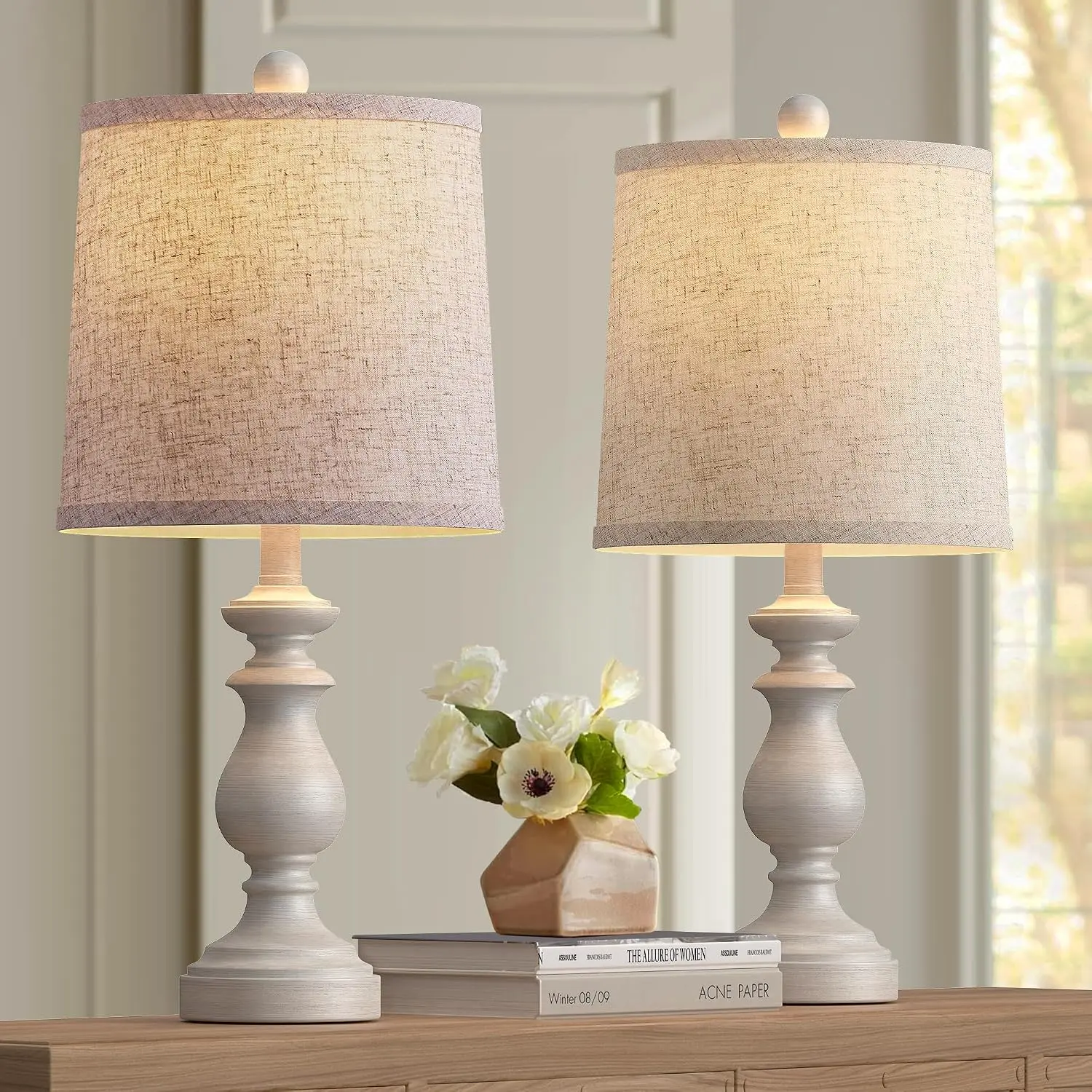 Traditional Table Lamp Set of 2, Rustic Farmhouse Table Lamps for Living Room Bedroom, 22" Bedside Desk Lamps Vintage Nightstand Lamps with Linen Shades, Antique Grey