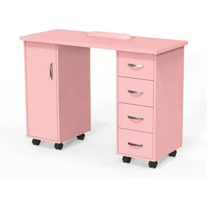 Manicure Table Nail Desk with Cabinet, Drawers, Wheels & Wrist Rest, Spa Salon Beauty Home Wooden Technician Workstation for Nail Tech, Pink