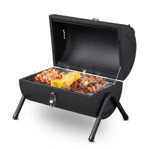 Portable Charcoal Grill with Thermometer and Wooden Handle, Compact Tabletop BBQ Grill for Camping Backyard Picnic Patio Cooking, Outdoor Barbecue Grill for Families and Travelers