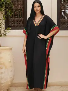 Plus Size Zebra Striped Print Batwing Sleeve V Neck Dress, Casual Loose Fitted Striped Graphic Half Sleeve V Neck Long Dress for Summer, Women's Plus Clothing for Beach Vacation, Bohemian Casual Dress, Casual Boho Soft