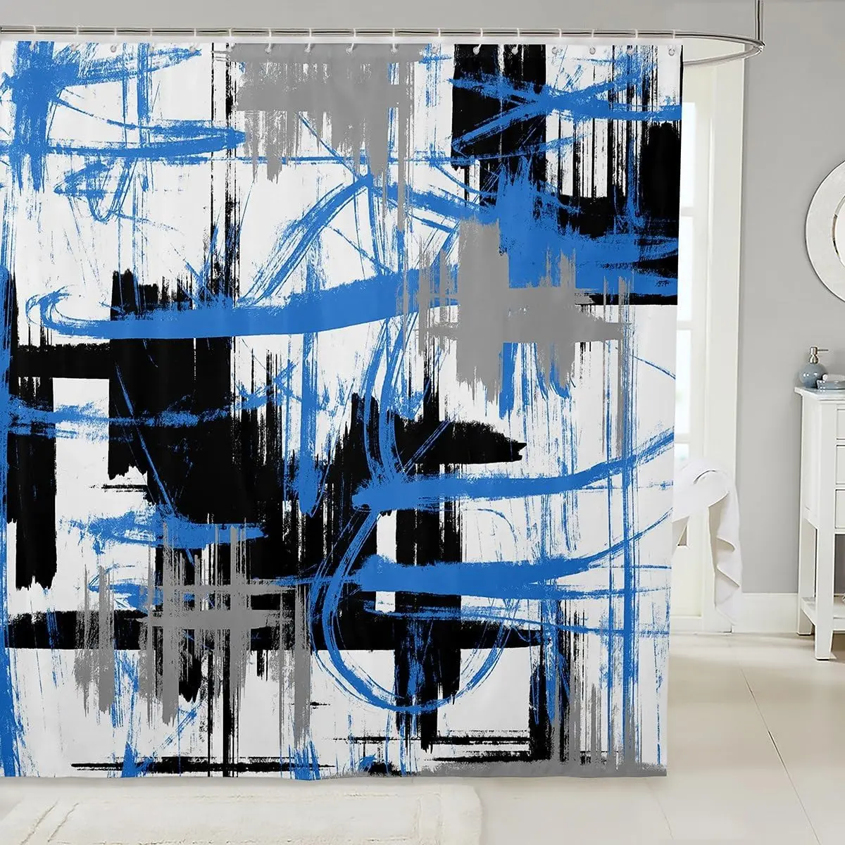 Blue Grey Black Shower Curtain Abstract Art Bathroom Shower Curtain Set for Modern Striped Art Bath Curtain Waterproof Geometric Bathroom Accessories