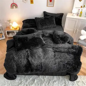 King Size Faux Fur Plush Coffee Comforter 3PC Set - Ultra Shaggy Flannel Velvet, Fluffy Fuzzy Soft Bedding Sets