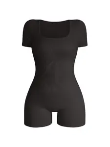 Women's Solid Short Sleeve Sports Bodysuit, Casual Sporty Square Neck Bodycon Bodysuit for Yoga Gym Workout, Summer Outfits 2024, Ladies Sportswear for All Seasons