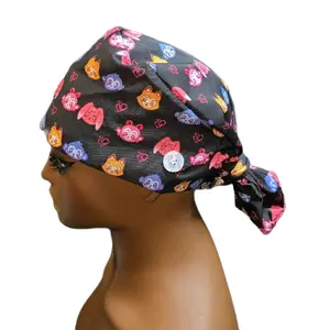 Satin Lined Kpop Themed Scrub Cap Women with Ponytail Hole & Buttons, Adjustable Nurse Hat with Cotton Sweatband for Long Hair