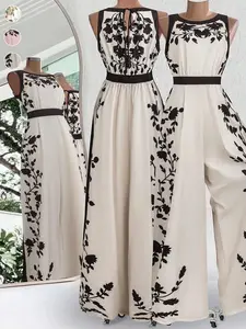 Women's Elegant Colorblock Jumpsuit, Casual Jumpsuit, Sleeveless Waist Cinching Design, Plant Print Wide Leg Pants, Perfect for Daily Wear, Dates,Weddings, Evening Events