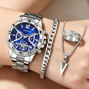 Viral 4-Piece Men’s Silver Kit | Blue Dial Watch + Cuban Bracelet & Ring