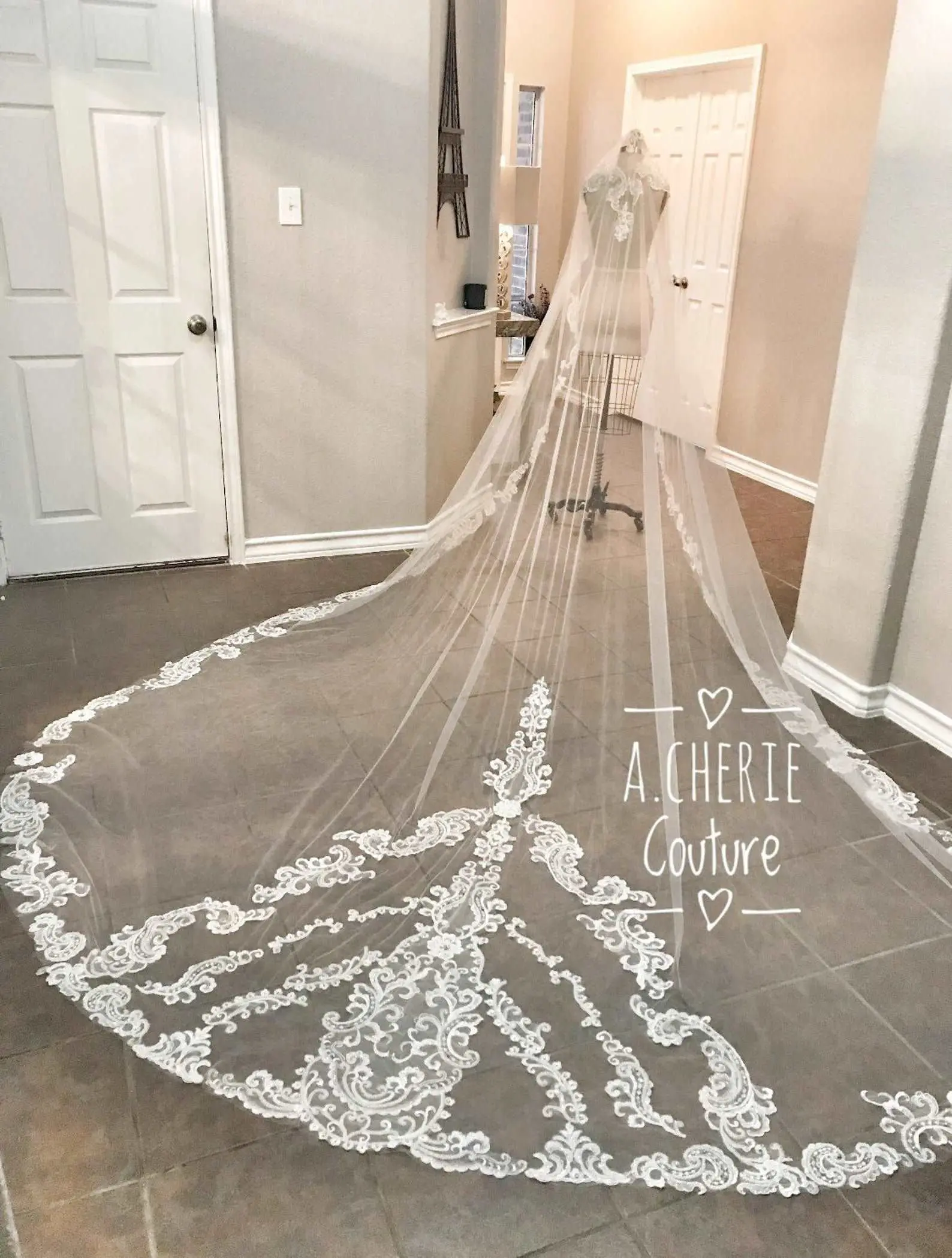 Bridal Long Cathedral Mantilla Veil - Bridal Tulle Fabric with Beaded Scroll Lace Edge, Rhinestones and Crystals, Rhinestone Accents, Wedding, Made-To-Order, Bridal Veil