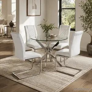 35.5" Diameter Glass-and-Metal Table Chairs Set - 4-Piece Indoor Home Kitchen Furniture, Silver-Legged Table, White Modern Minimalist PU Chairs
