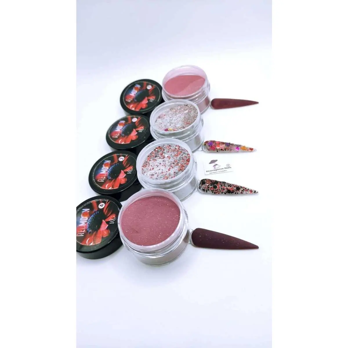 4-Piece Red Moon Glitter Nail Art Set, Acrylic Powder Form Kit with Assorted Intense Tones - 14g Each Jar for Manicures, Glitters, 14 Grams Each
