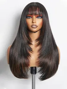 Long Layered Straight Wigs for Women, 24 Inch Glueless Realistic Synthetic Wig with Bangs, Heat Resistant Natural Layered Wig