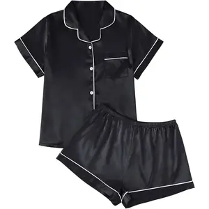Silk Satin Pajama Set for Women 2 Piece Lounge Pjs Shorts Matching Summer Sleepwear Button Down Shirt Shorts Loungewear Womenswear Basic Black